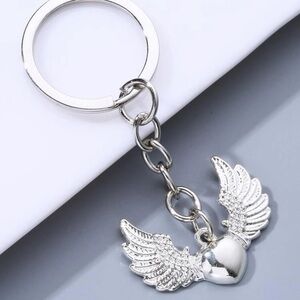 Angel Wings and Heart Charm Keychain Silver Plated